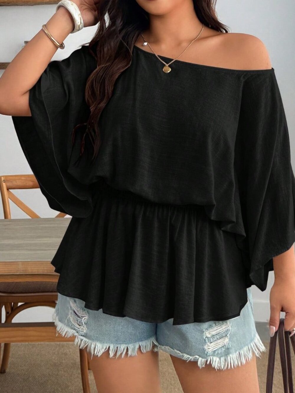 Black Casual Women's Pleated Batwing Asymmetrical Blend Peplum Top